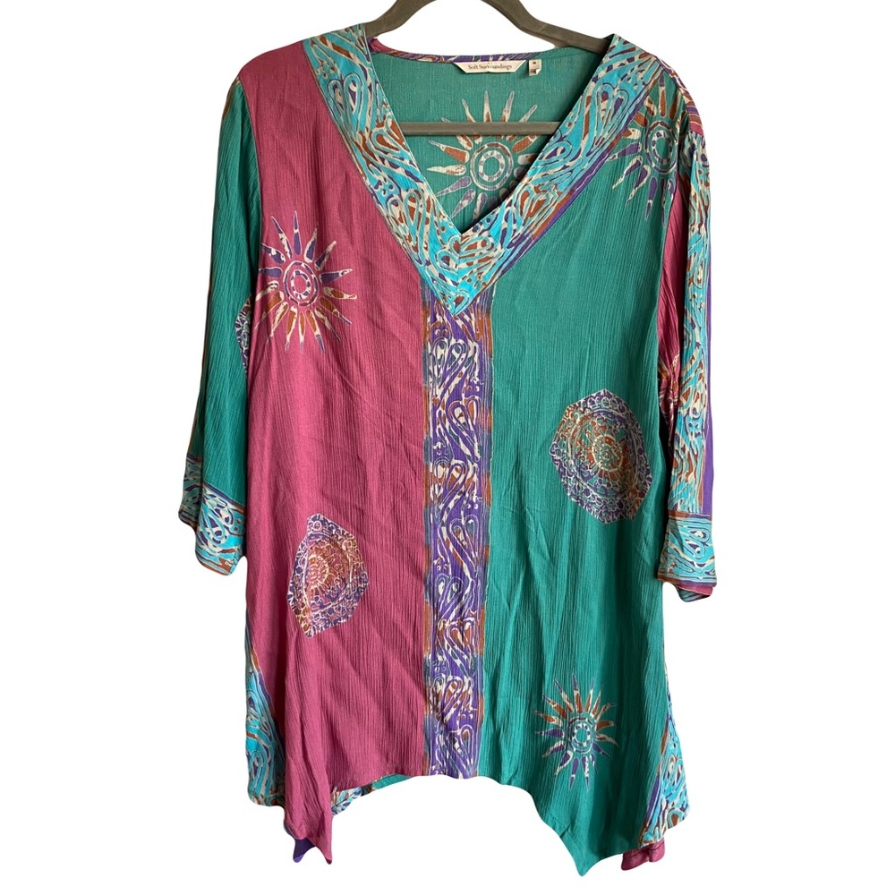 Soft Surroundings Mystic Batik Celestial Sun Blue and Pink Tunic Top Medium